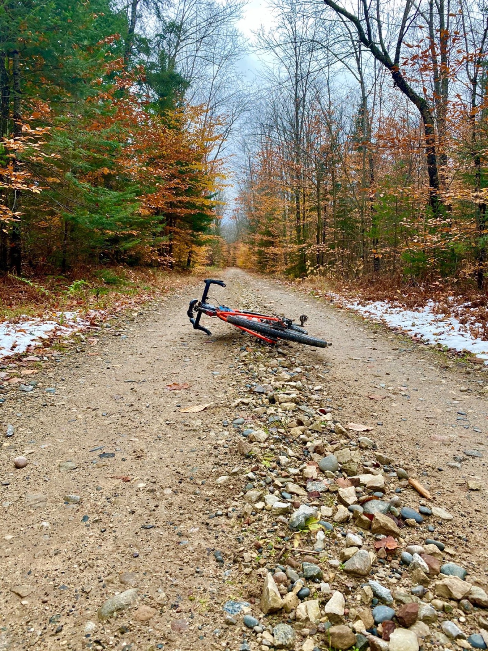 A gravel bike on a rough, rock-strewn forest road during Hiawatha's Revenge.