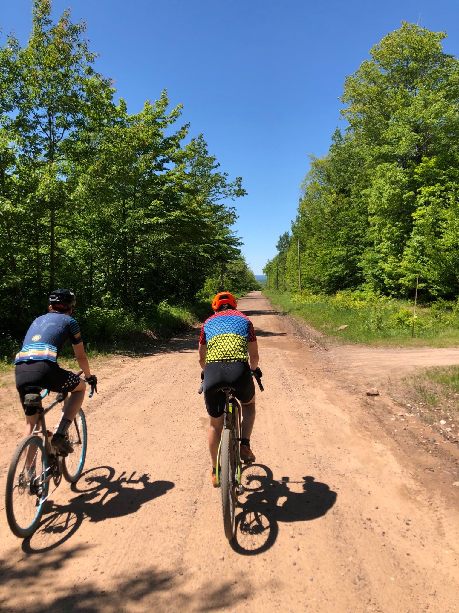 Two gravel cyclists riding abreast on a wide sandy road lined with trees.